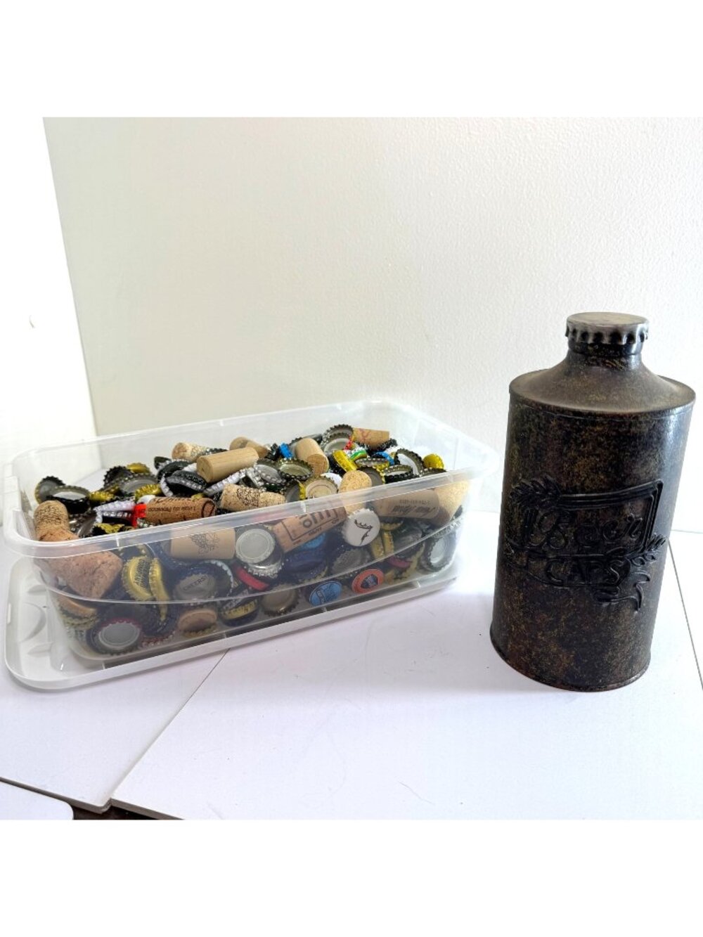 Large Lot of Mixed Beer Bottle Caps and Corks Rustic Metal Cap Holder Container